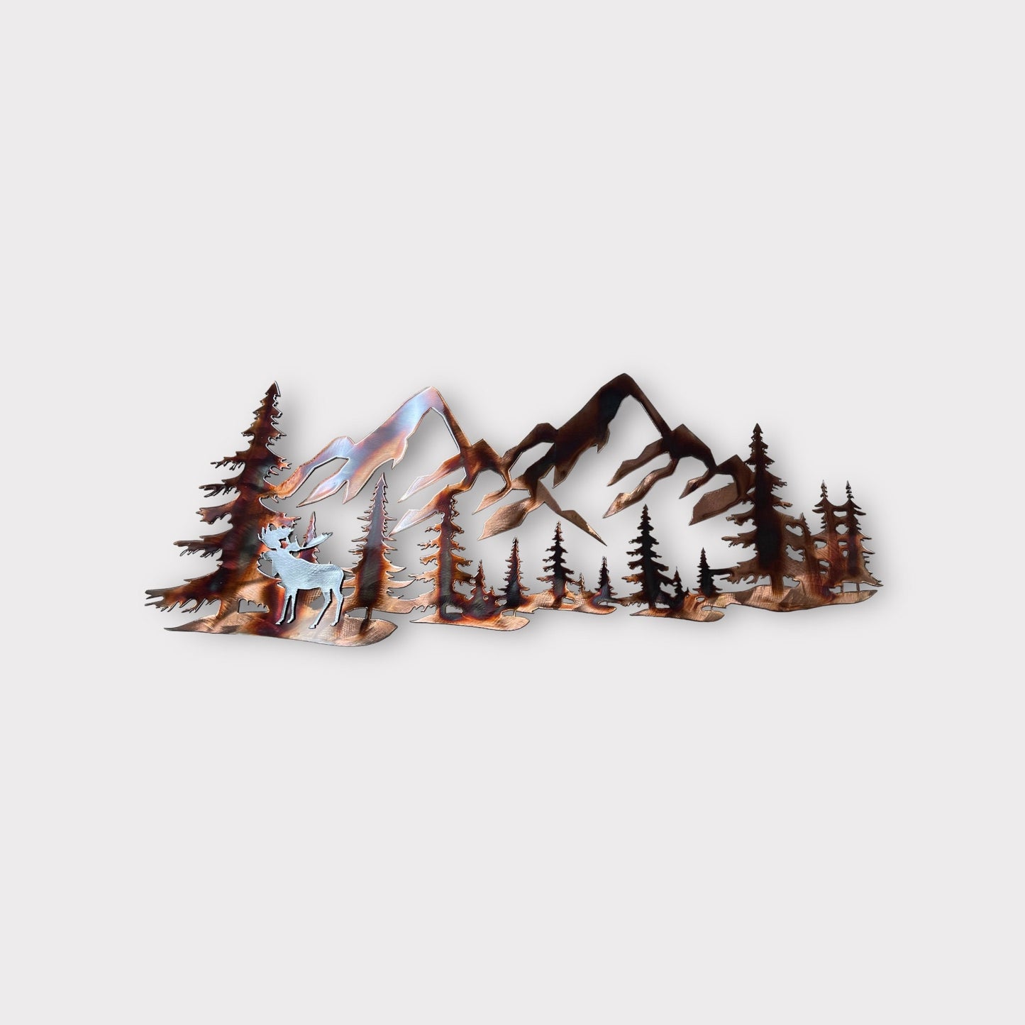 Copper Plated Metal Art Scene - Trees and Mountains with Silver Moose Accent