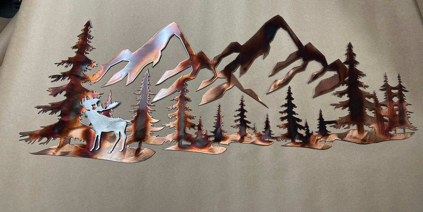 Copper Plated Metal Art Scene - Trees and Mountains with Silver Moose Accent