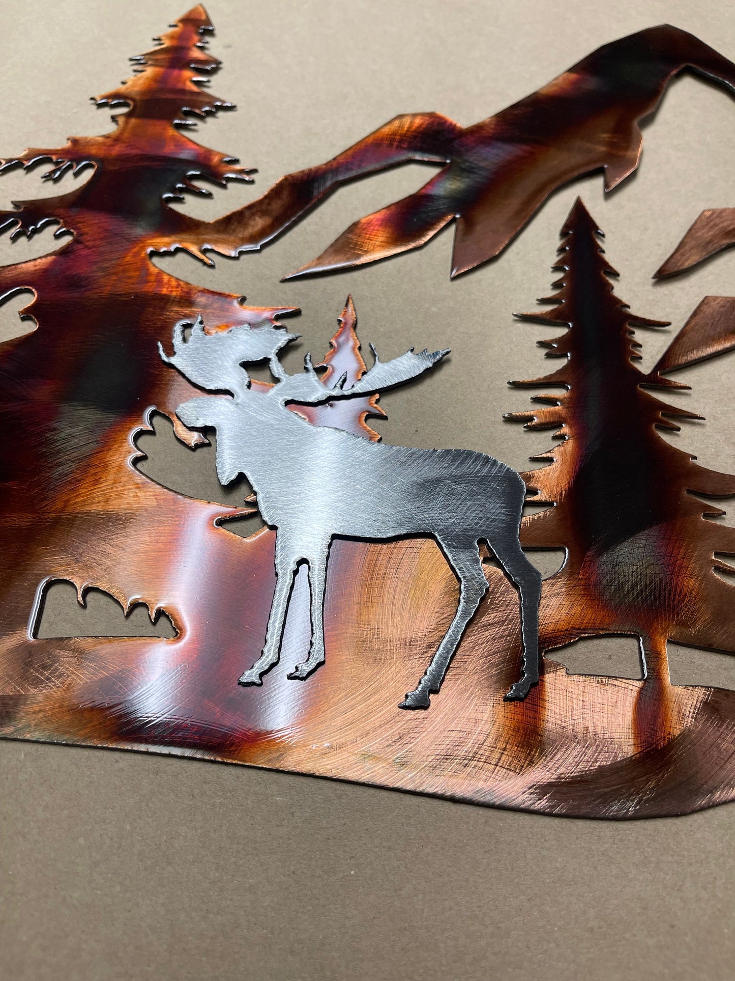 Copper Plated Metal Art Scene - Trees and Mountains with Silver Moose Accent