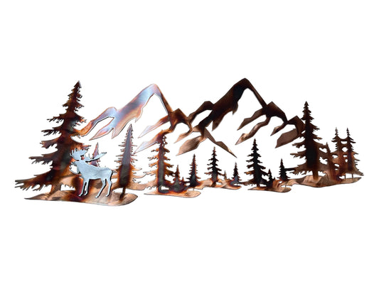 Copper Plated Metal Art Scene - Trees and Mountains with Silver Moose Accent