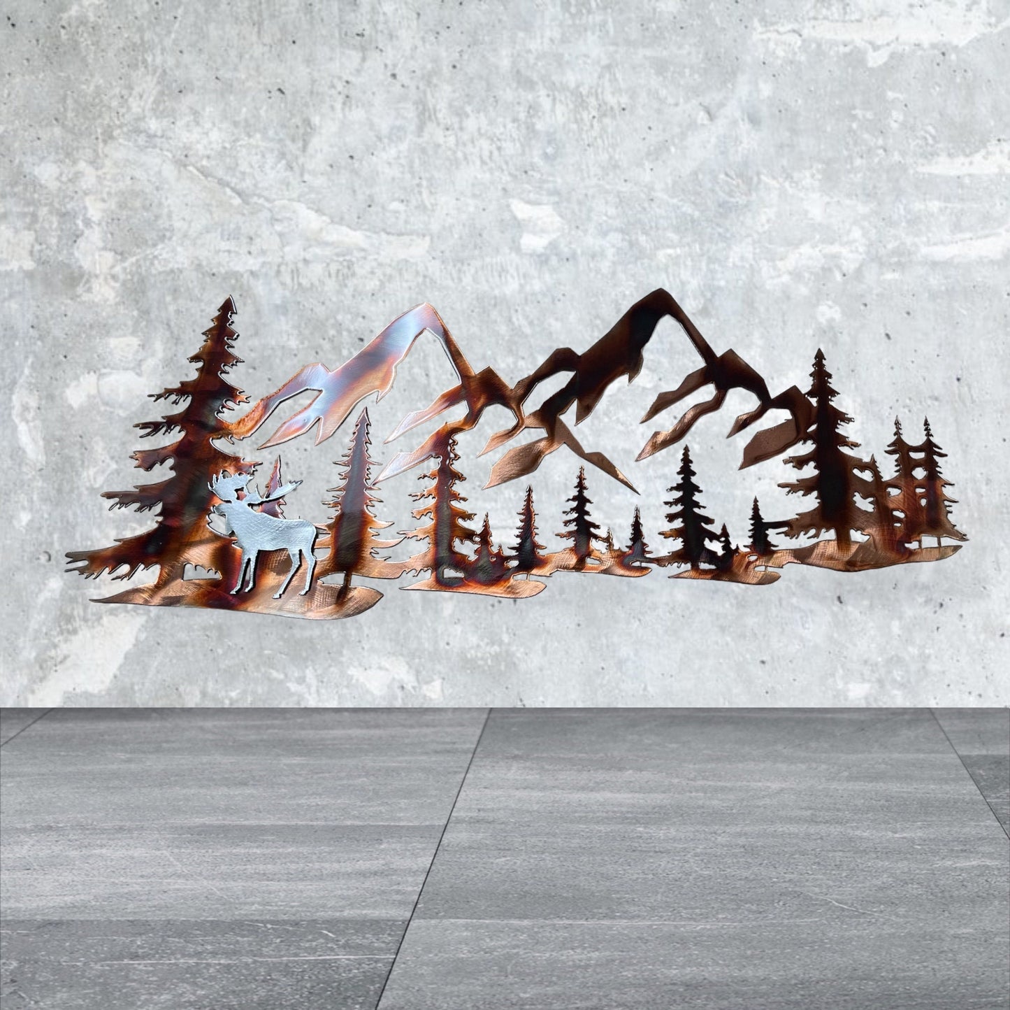 Copper Plated Metal Art Scene - Trees and Mountains with Silver Moose Accent