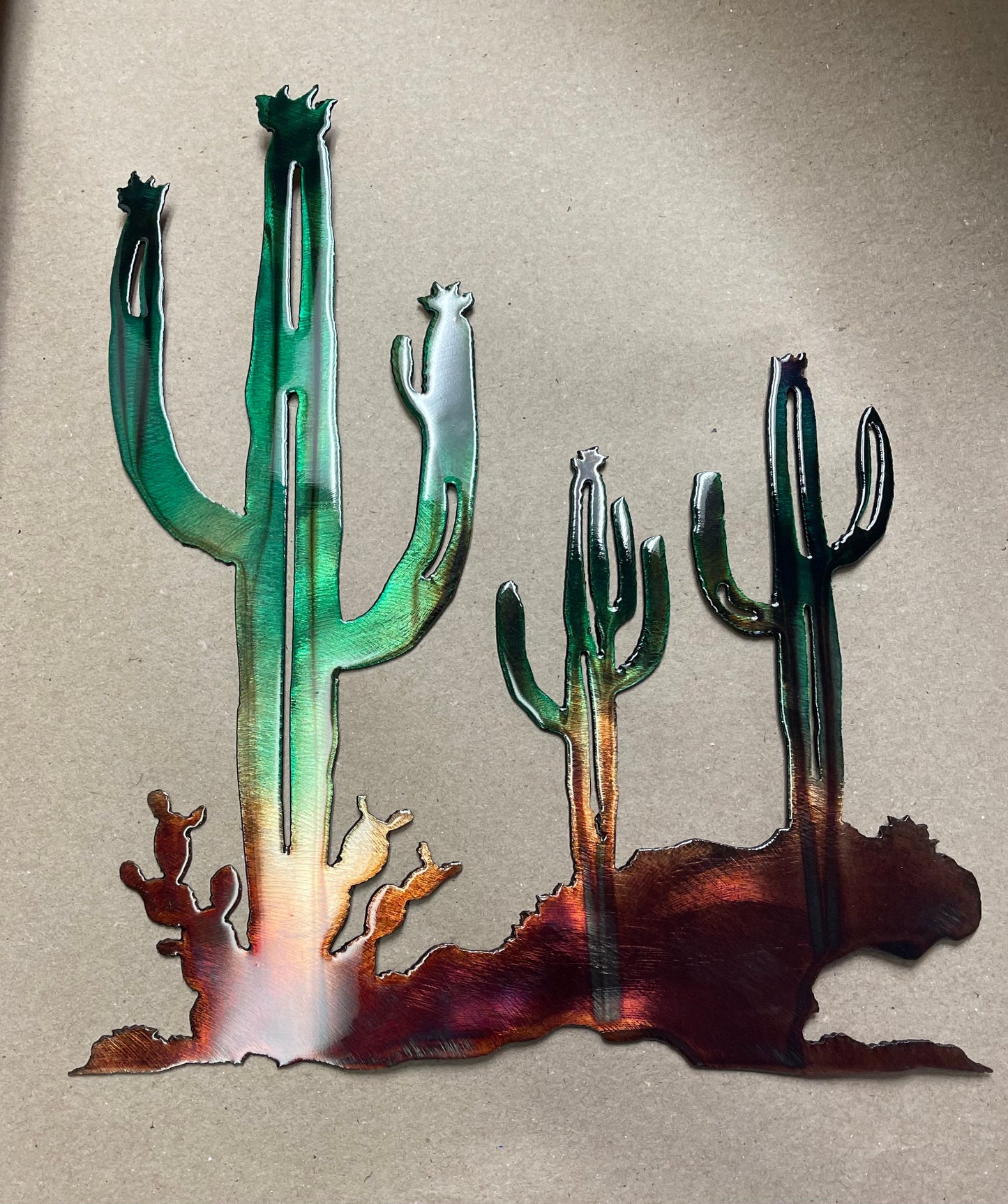 Arizona Cactus Trio Metal Wall Art Copper and Green Tinged