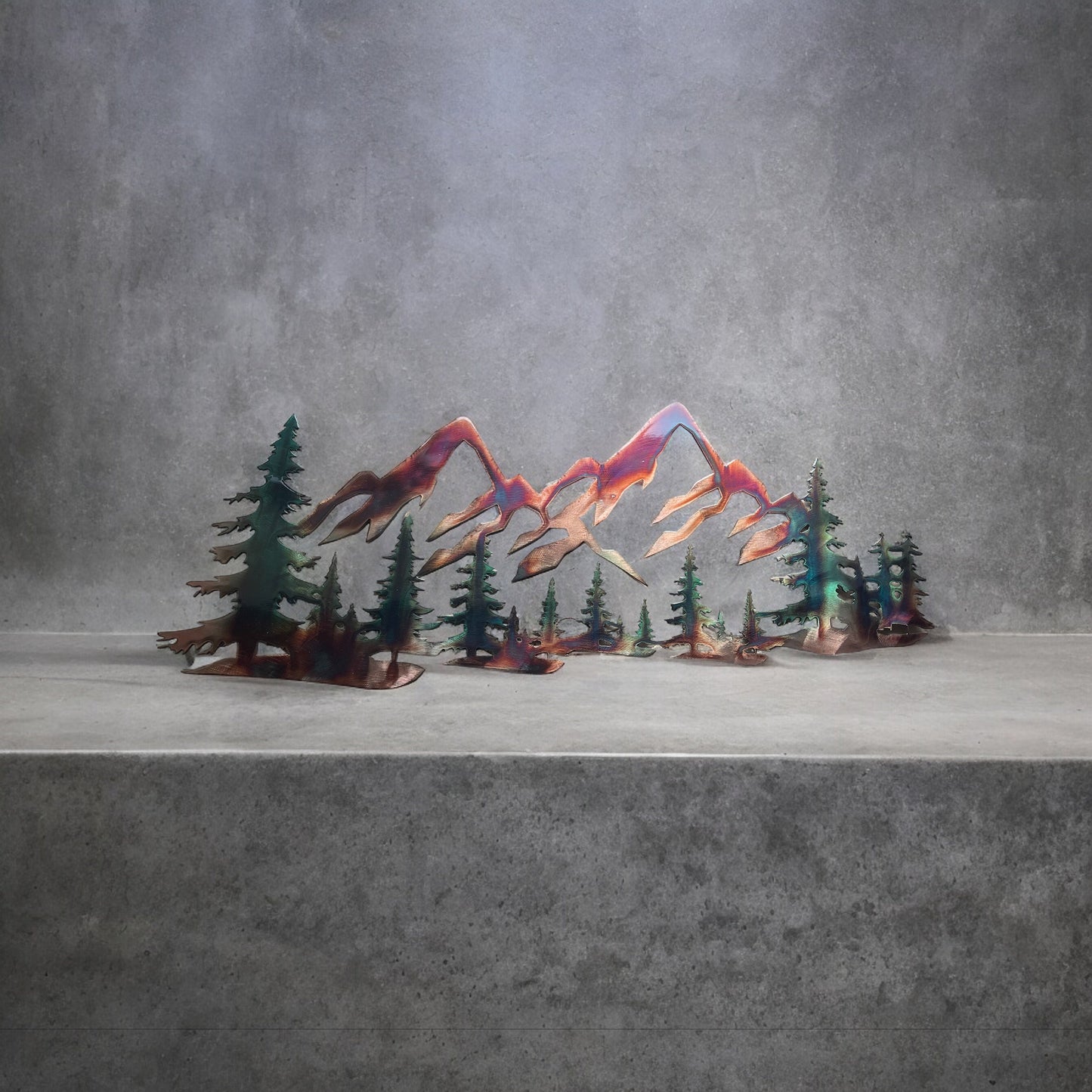 Copper Plated Metal Art Scene - Trees and Mountains Green Tinged