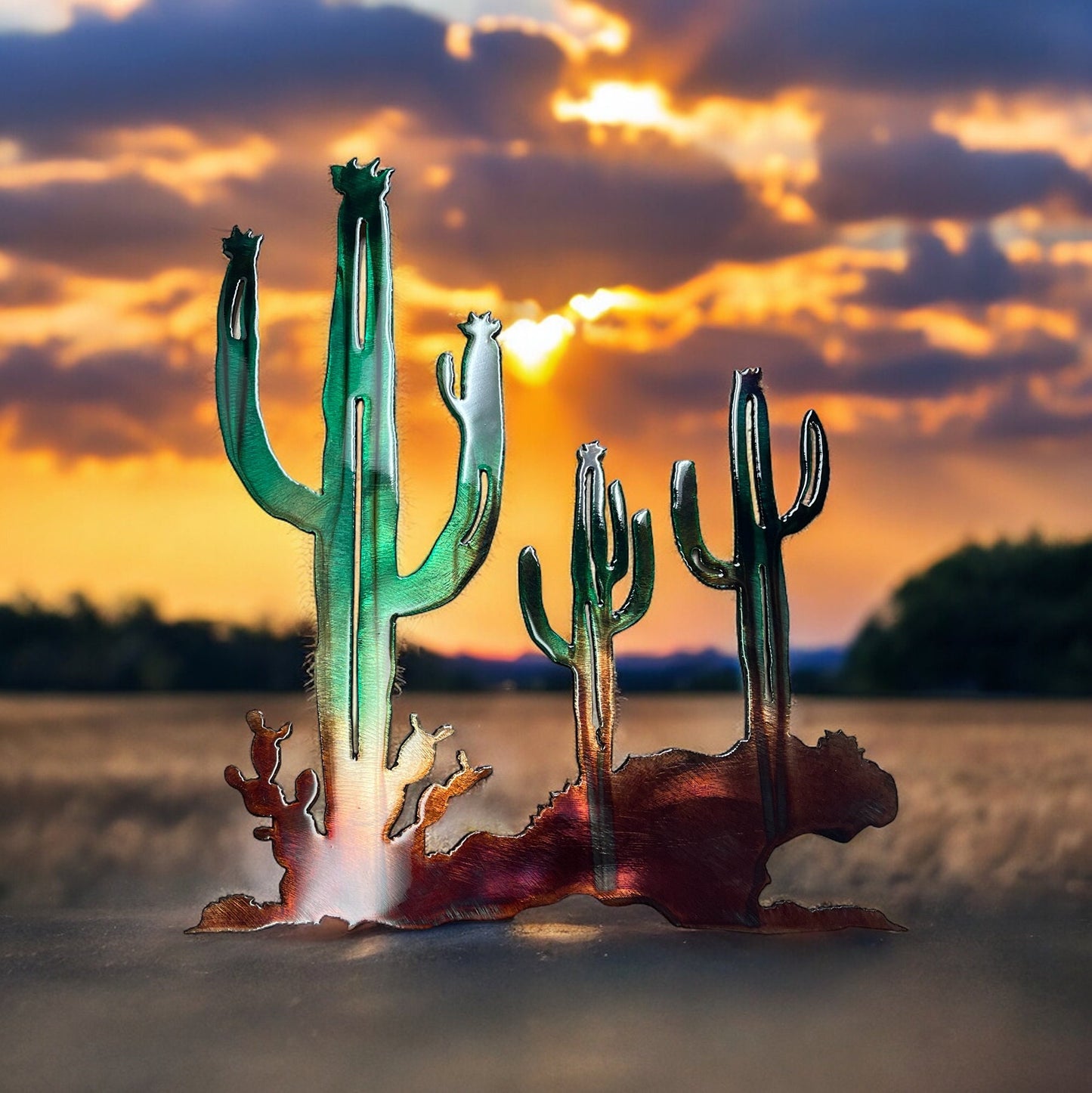 Arizona Cactus Trio Metal Wall Art Copper and Green Tinged