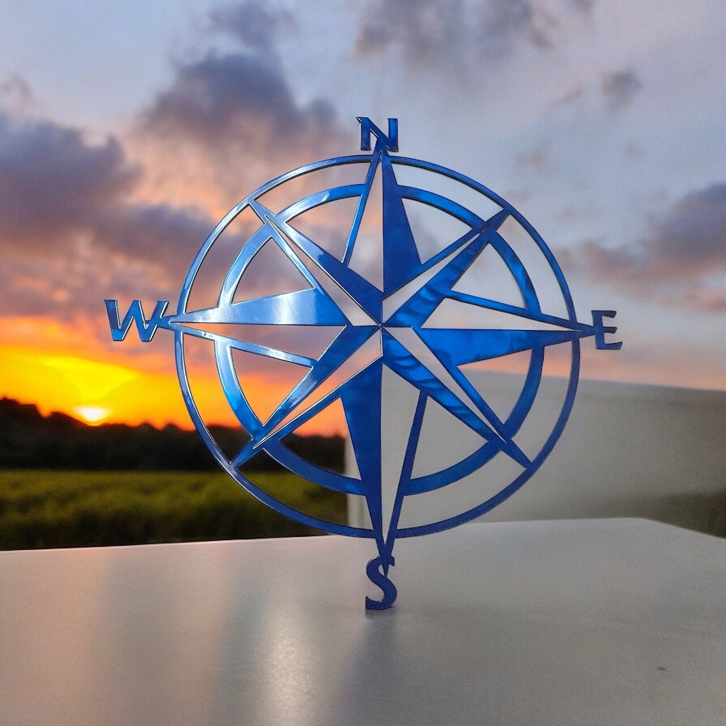 Nautical Compass Rose - Metal Wall Art - Metallic Blue Available in sizes 13" to 40"