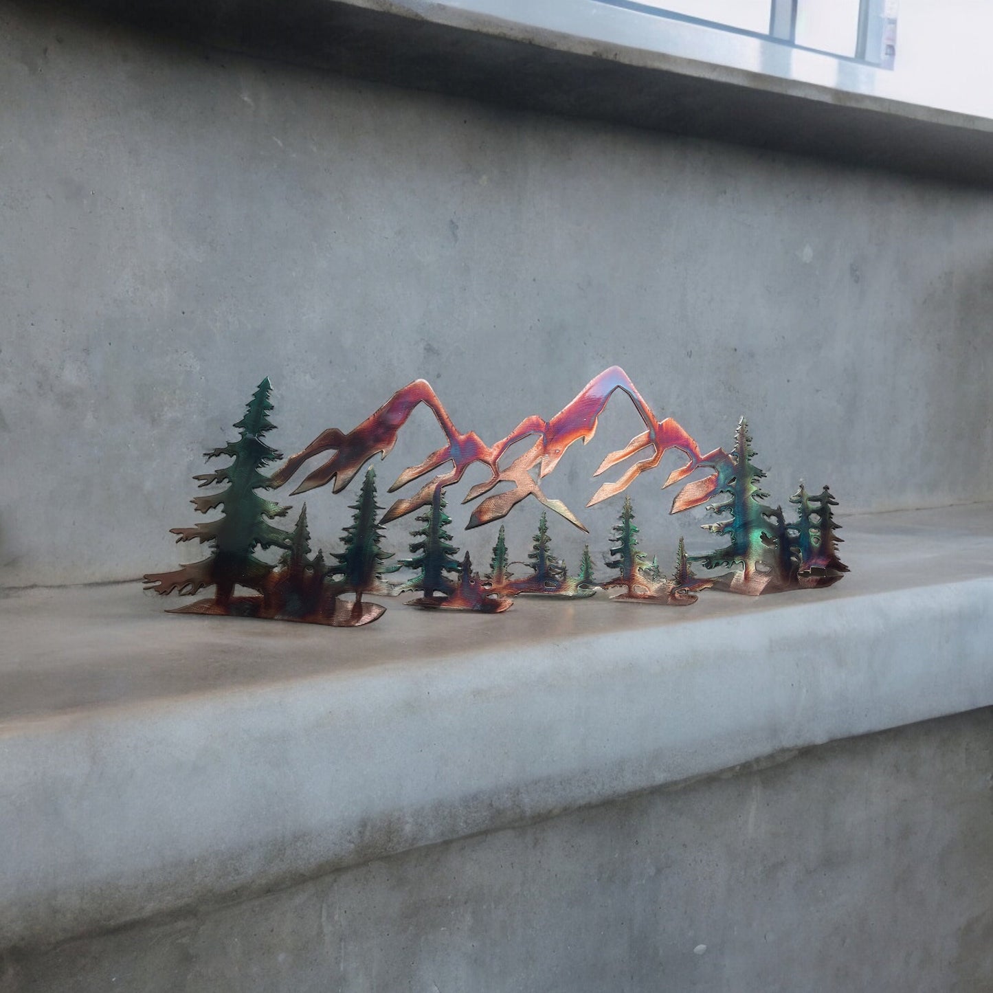 Copper Plated Metal Art Scene - Trees and Mountains Green Tinged