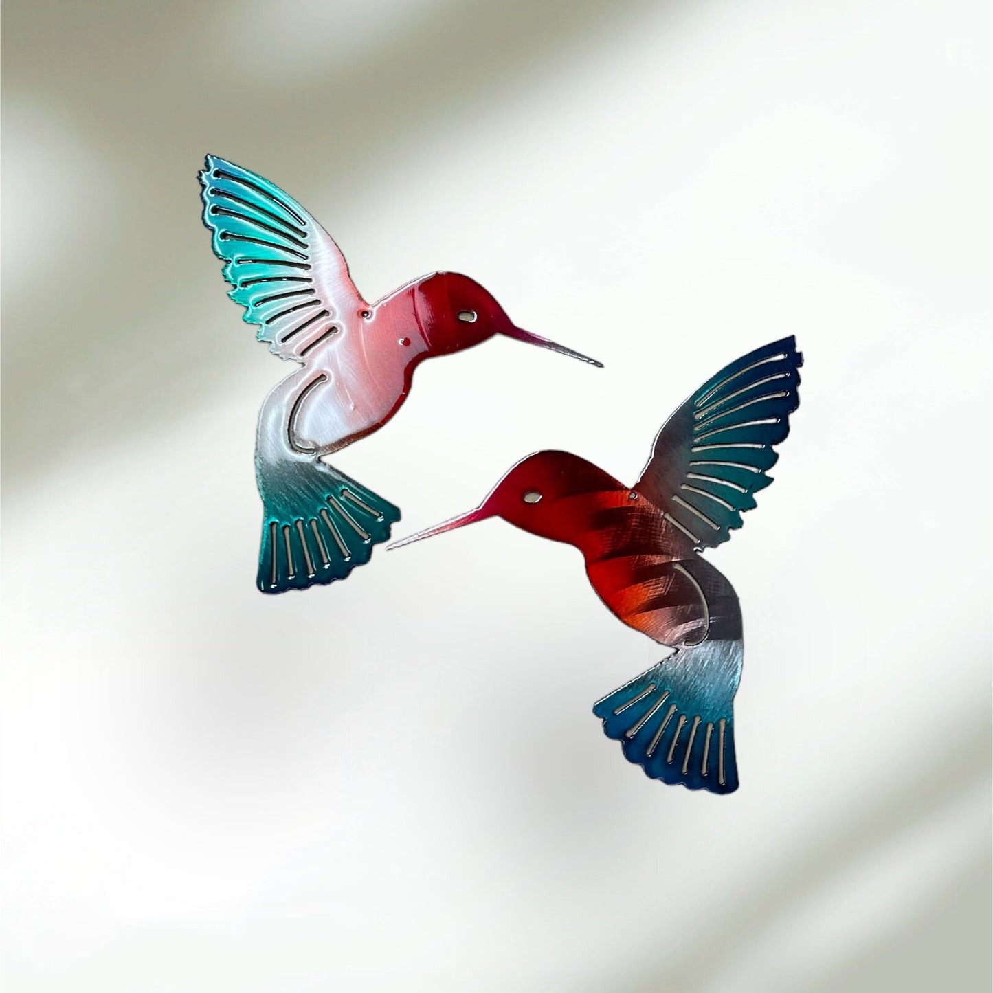 Hummingbird Natural Red/Green Pair Metal Wall Art Décor 6" x 6" each