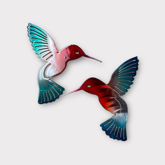 Hummingbird Natural Red/Green Pair Metal Wall Art Décor 6" x 6" each