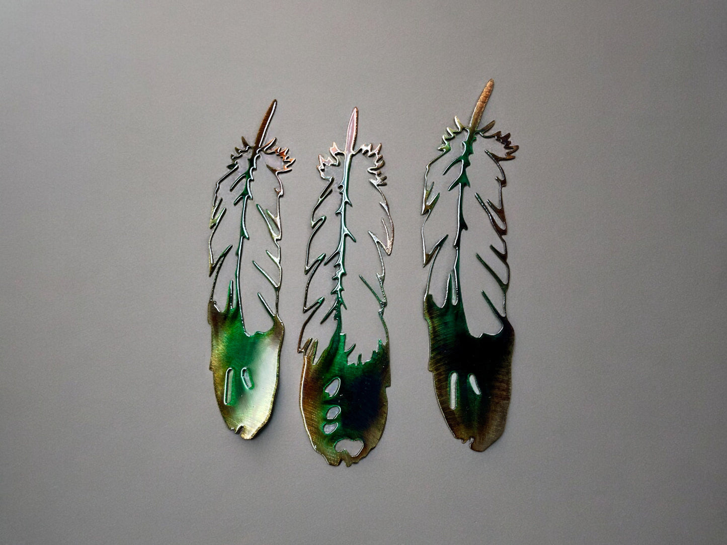 Metal Wall Accent Feather Trio Southwestern Decor Accents Green Marbled Copper Bronze