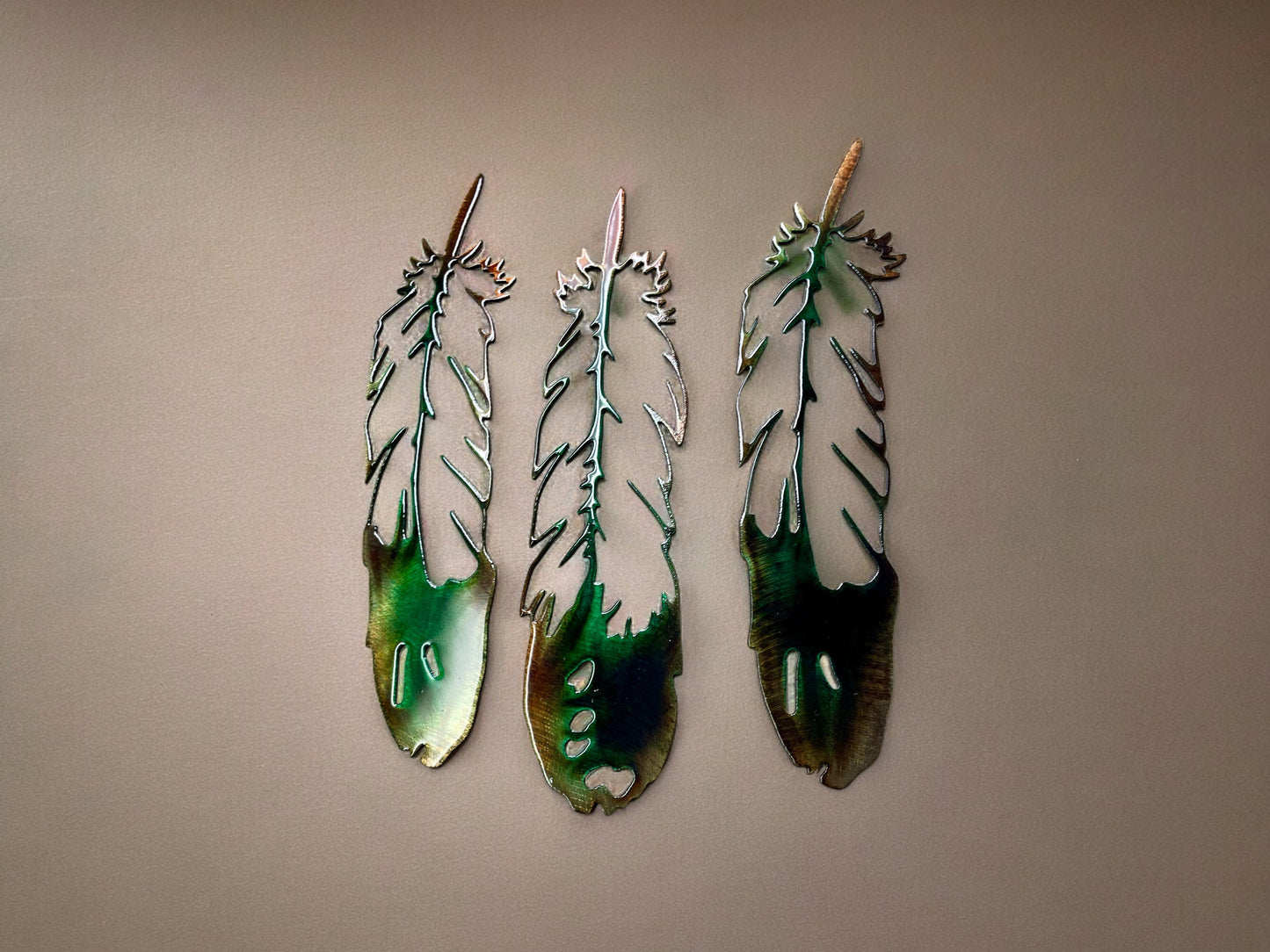 Metal Wall Accent Feather Trio Southwestern Decor Accents Green Marbled Copper Bronze