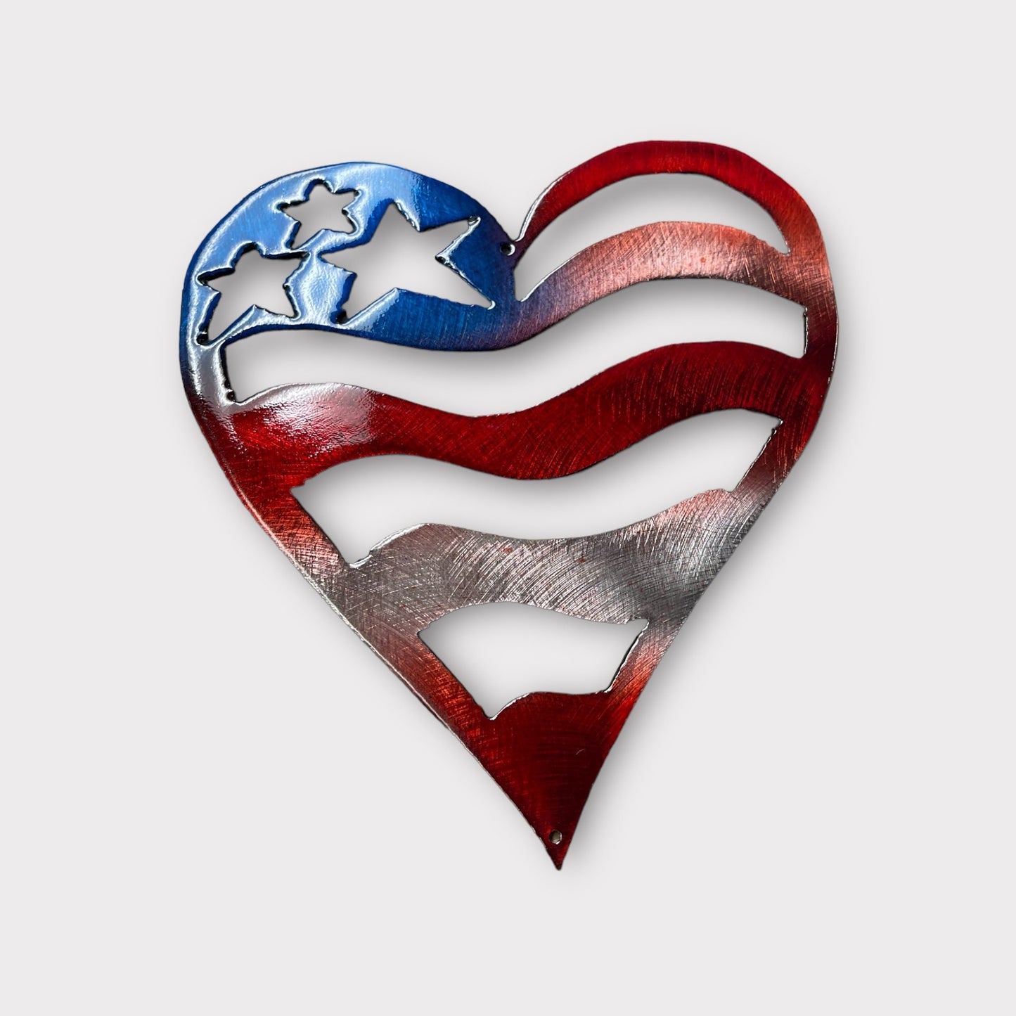 Patriotic Heart Metal Wall Art - Polished Steel with Red & Blue Tinge - Available in 2 Sizes