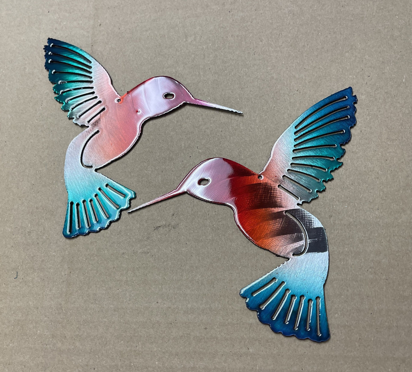 Hummingbird Natural Red/Green Pair Metal Wall Art Décor 6" x 6" each