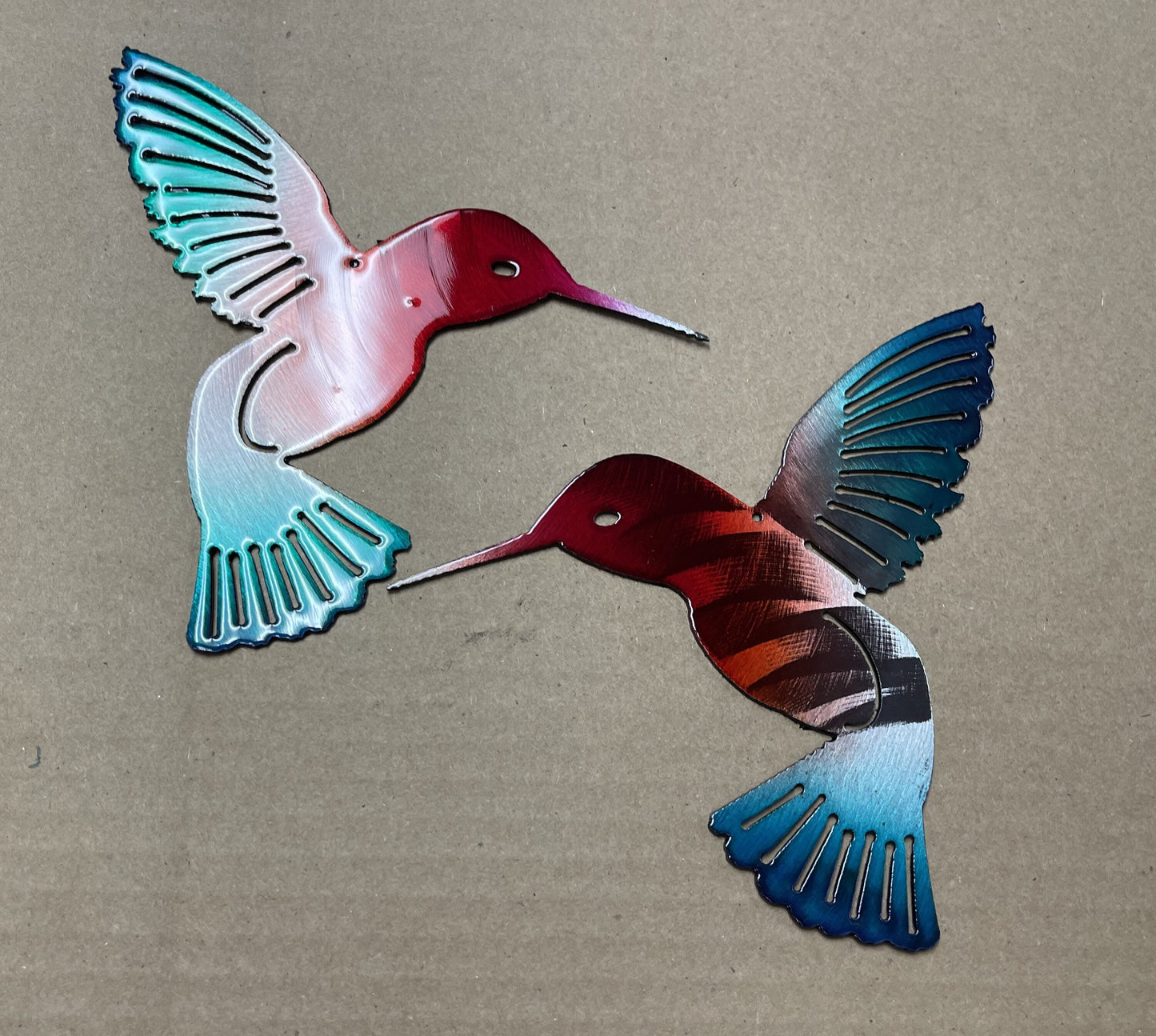 Hummingbird Natural Red/Green Pair Metal Wall Art Décor 6" x 6" each