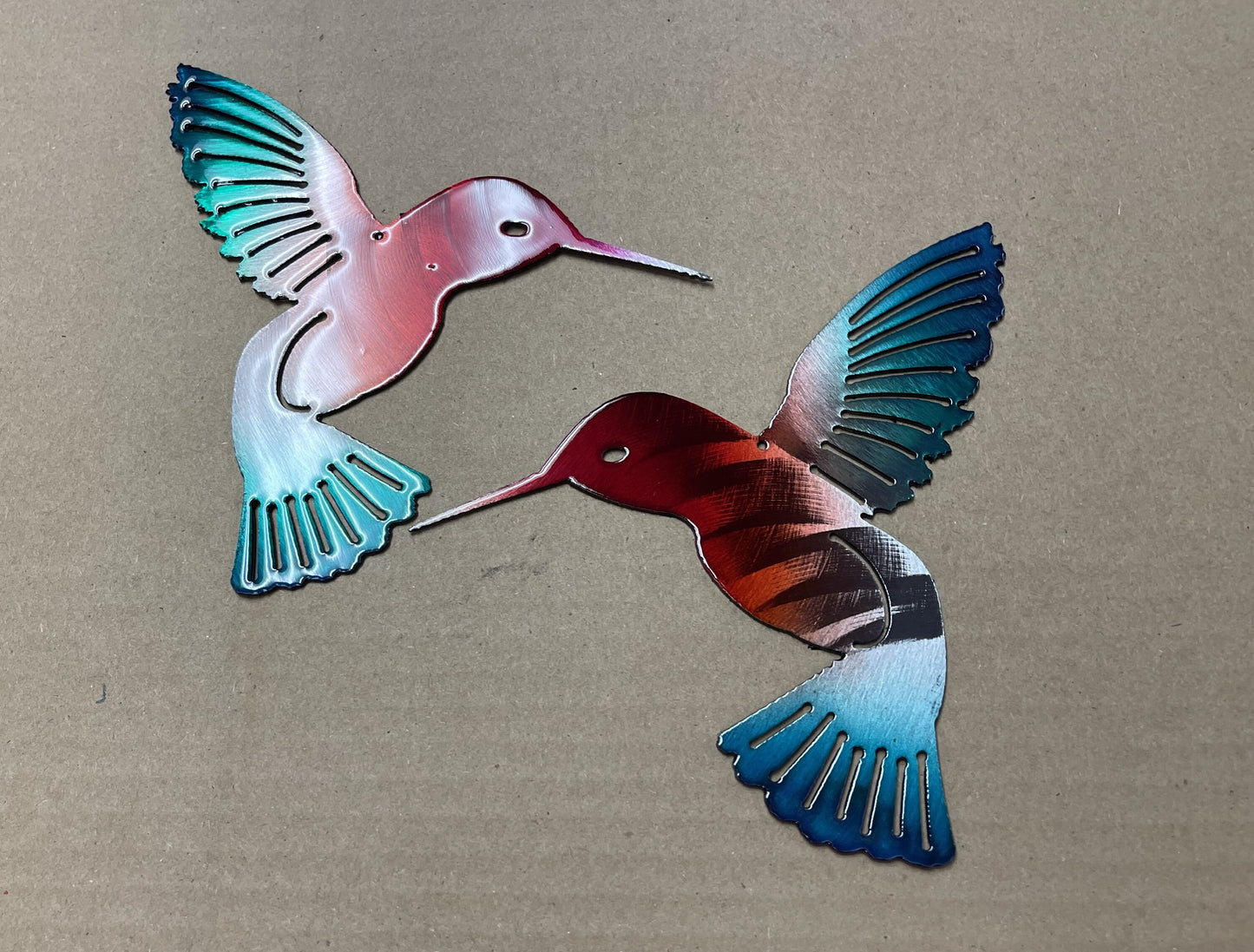 Hummingbird Natural Red/Green Pair Metal Wall Art Décor 6" x 6" each