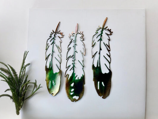 Metal Wall Accent Feather Trio Southwestern Decor Accents Green Marbled Copper Bronze