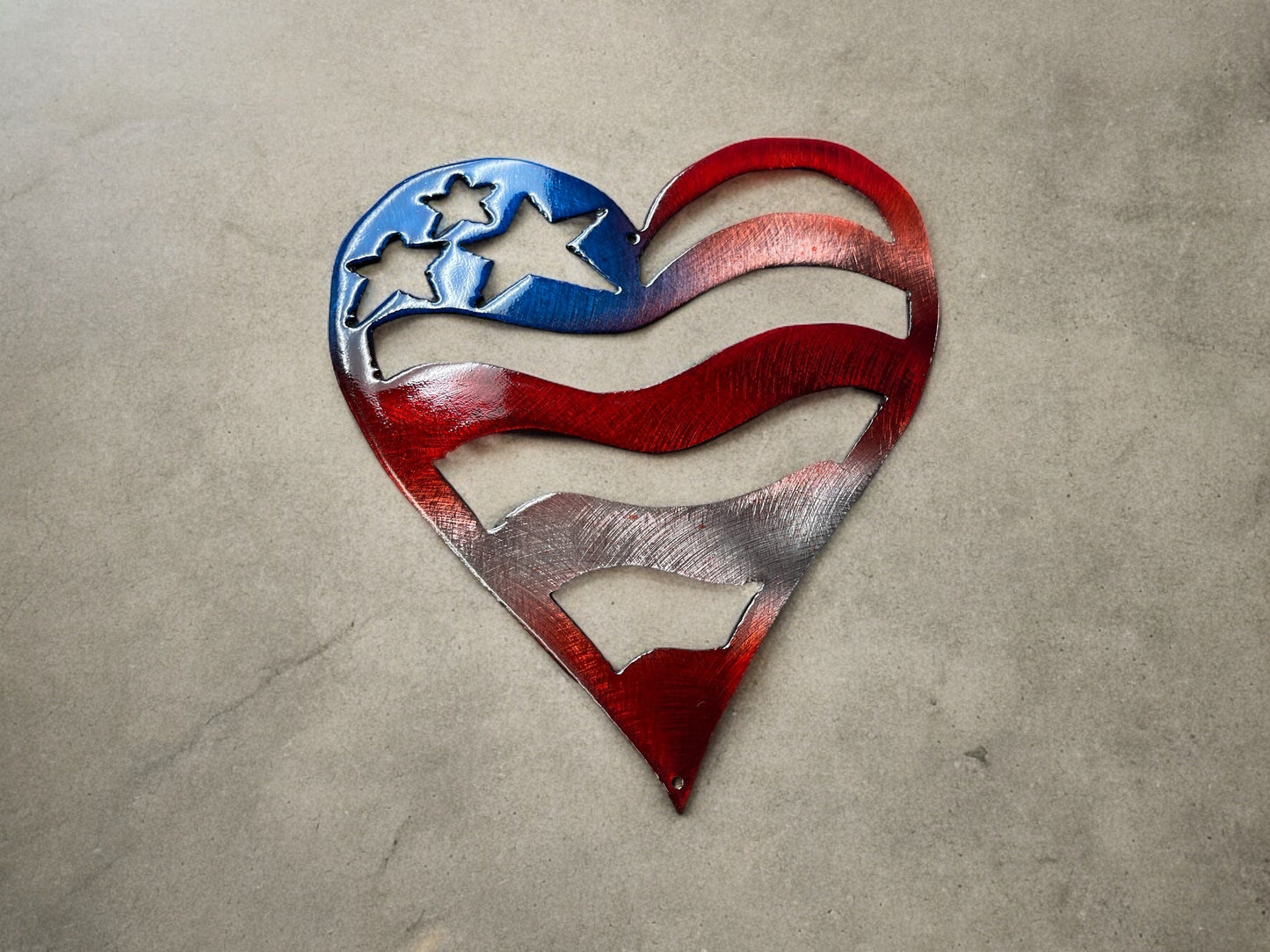 Patriotic Heart Metal Wall Art - Polished Steel with Red & Blue Tinge - Available in 2 Sizes