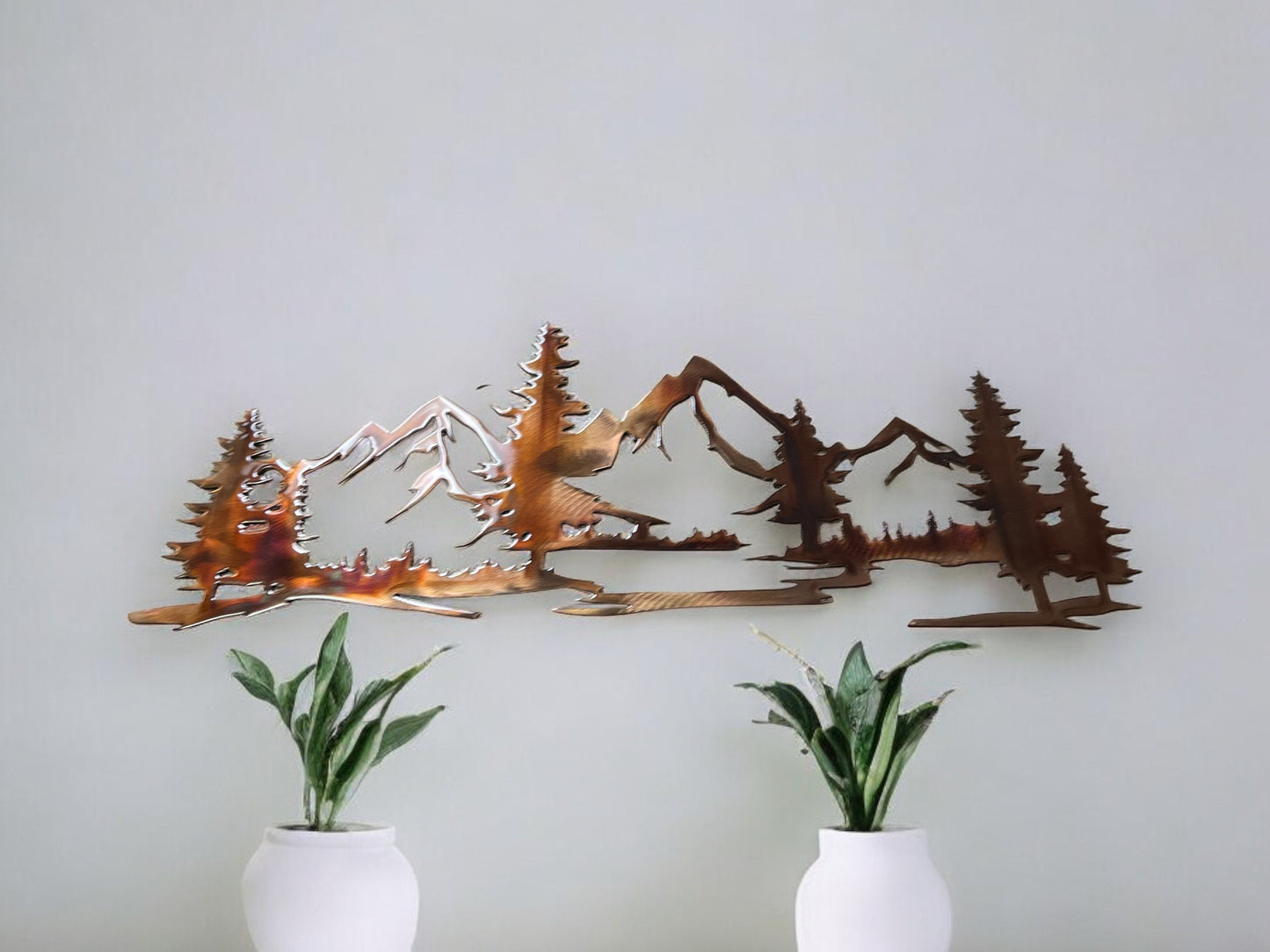 Living in the Mountains Copper Plated Metal Art Scene - Trees and Mountains Scene