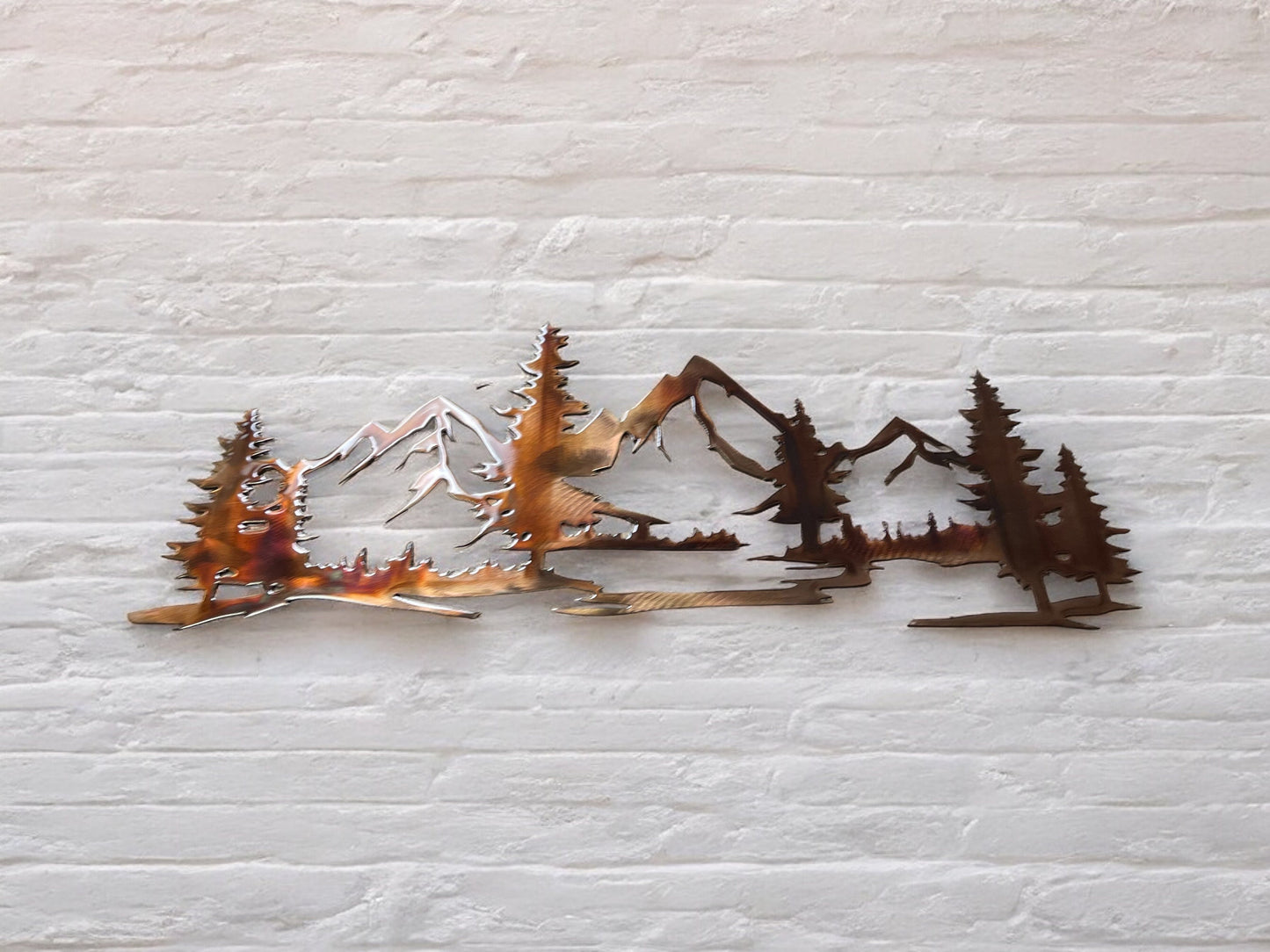 Living in the Mountains Copper Plated Metal Art Scene - Trees and Mountains Scene