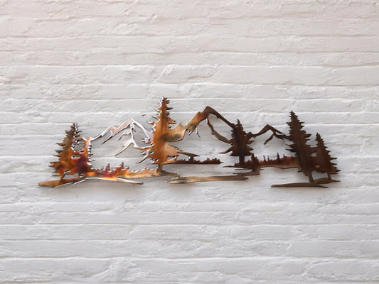 Living in the Mountains Copper Plated Metal Art Scene - Trees and Mountains Scene