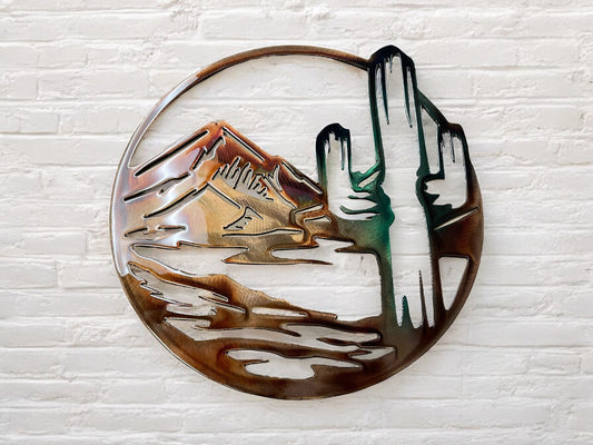 Arizona Cactus Circle Metal Wall Art - Copper and Green Marbled - 14" x 13 3/4"