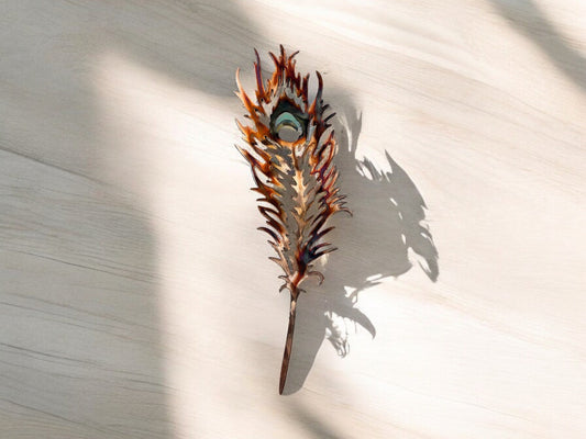 Metal Wall Accent Peacock Feather Copper and Bronzed Plated