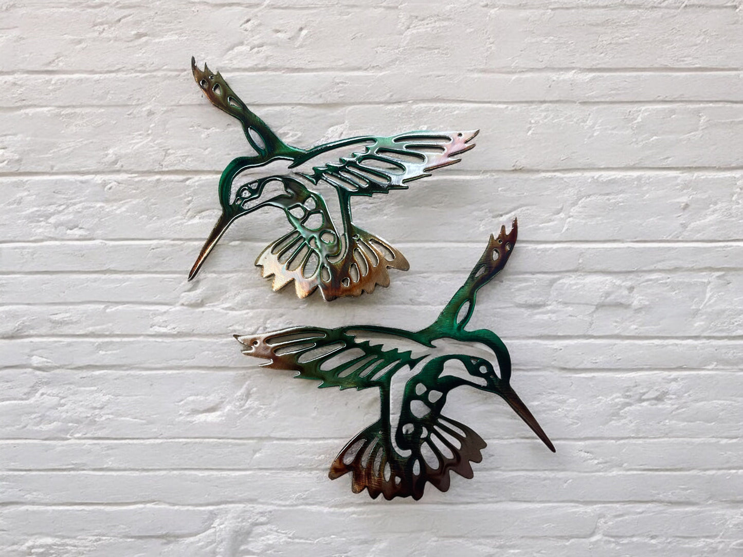 Tropical Hummingbird Pair Autumn Green Metal Wall Art Décor 8 1/2" x 6 1/4" each